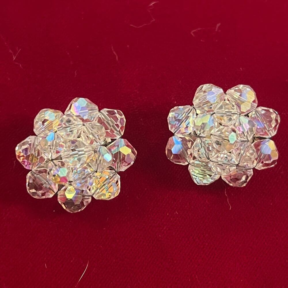 Vintage Multi-Faceted Crystal AB Cluster Clip On Earrings Ornate Filigree Back